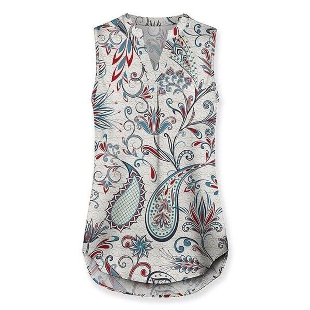UDEAR White & Blue Paisley Sleeveless Notch Neck Top Size 2X